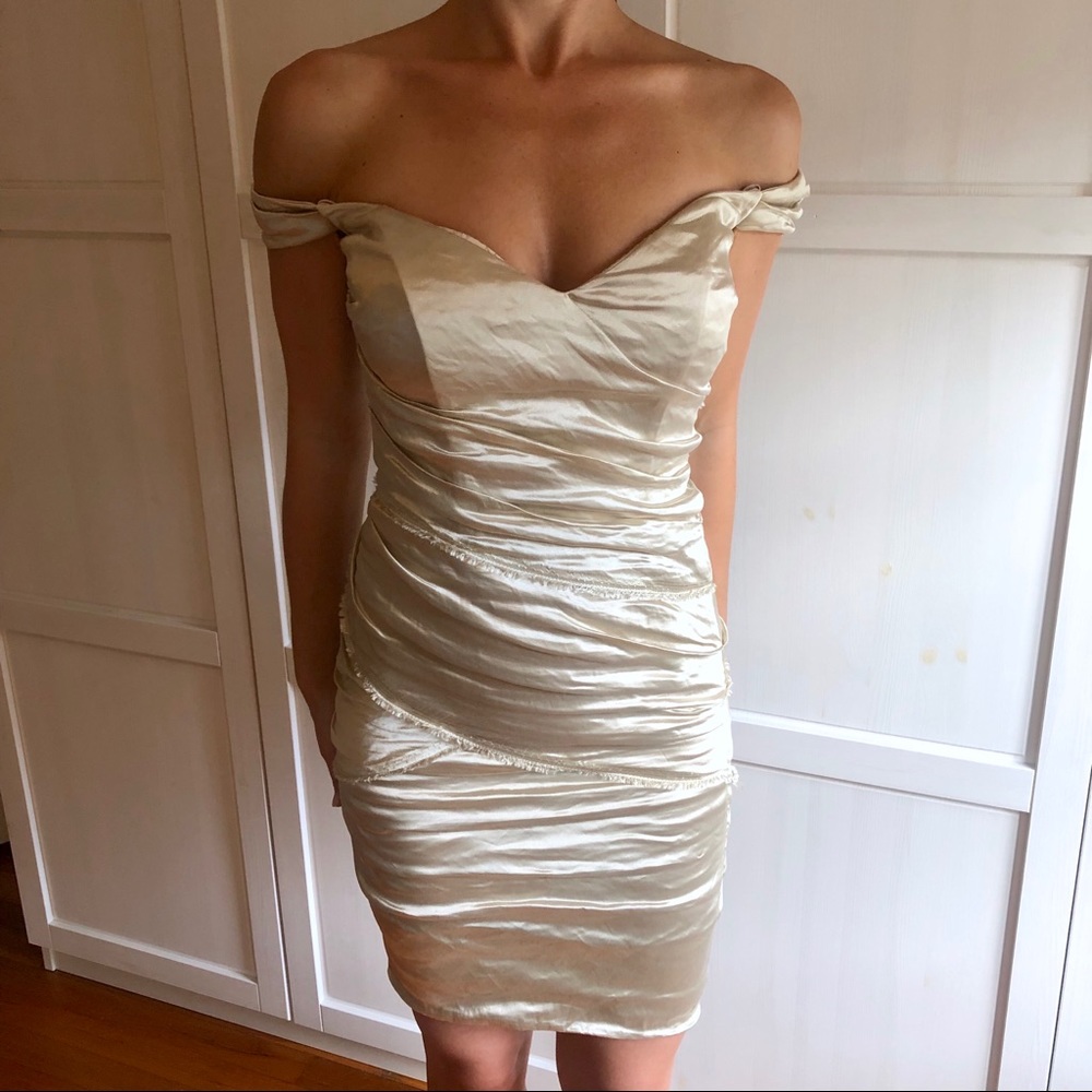 Nicole Miller off the shoulder gold dress, size 2